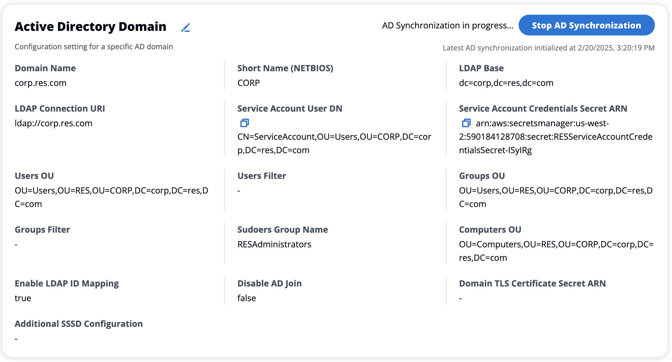Halaman konfigurasi domain Active Directory menampilkan opsi untuk menghentikan sinkronisasi