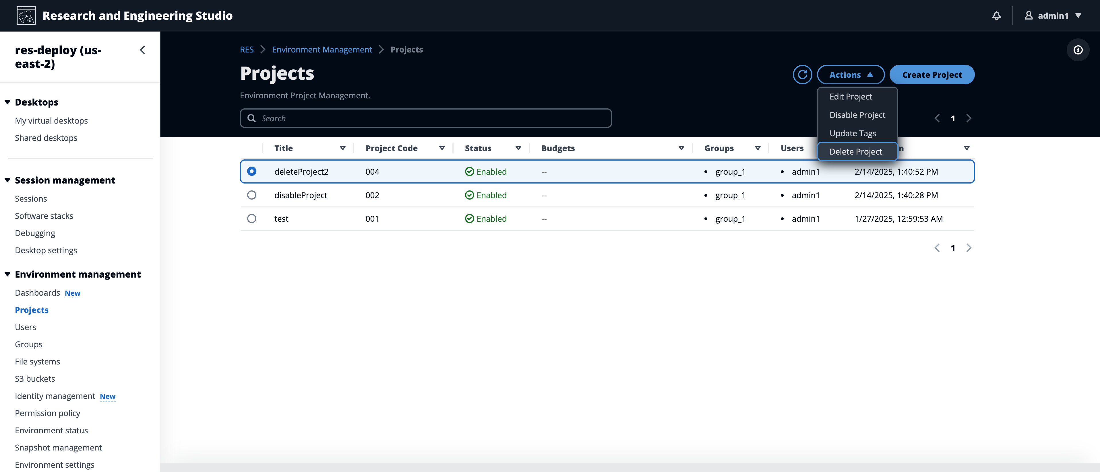 Halaman proyek yang menampilkan tindakan opsi dropdown