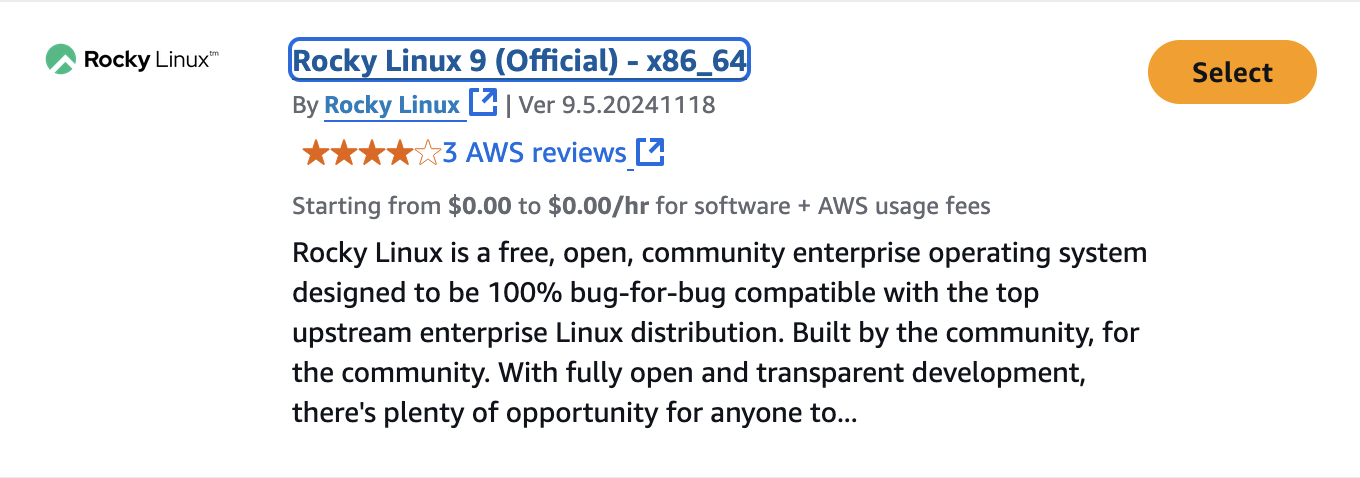Rocky Linux 9 AMI details showing version, rating, and description of the OS.