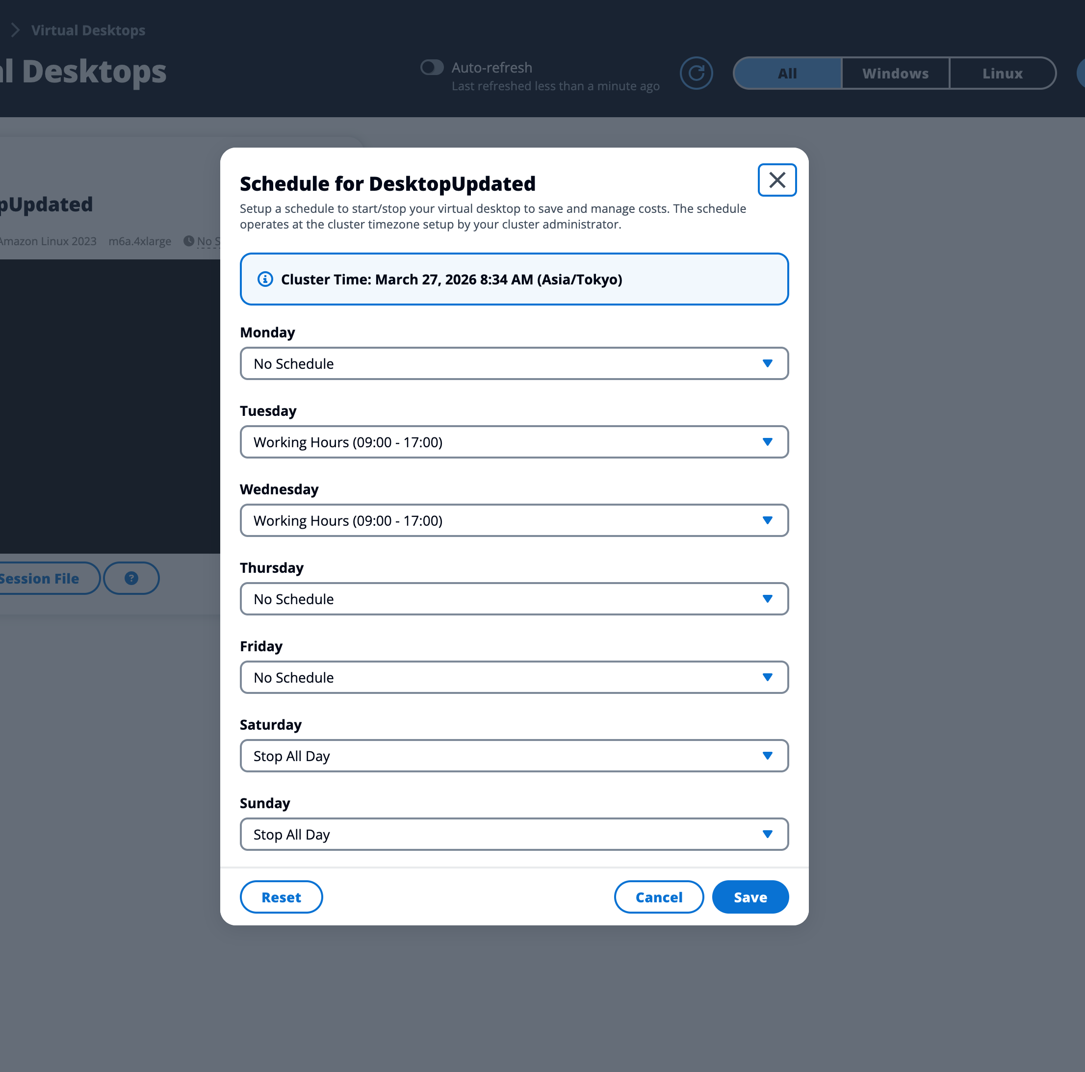 Jadwalkan dialog dengan opsi Reset
