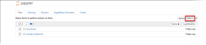 Lokasi daftar drop-down Baru di dasbor notebook Jupyter.