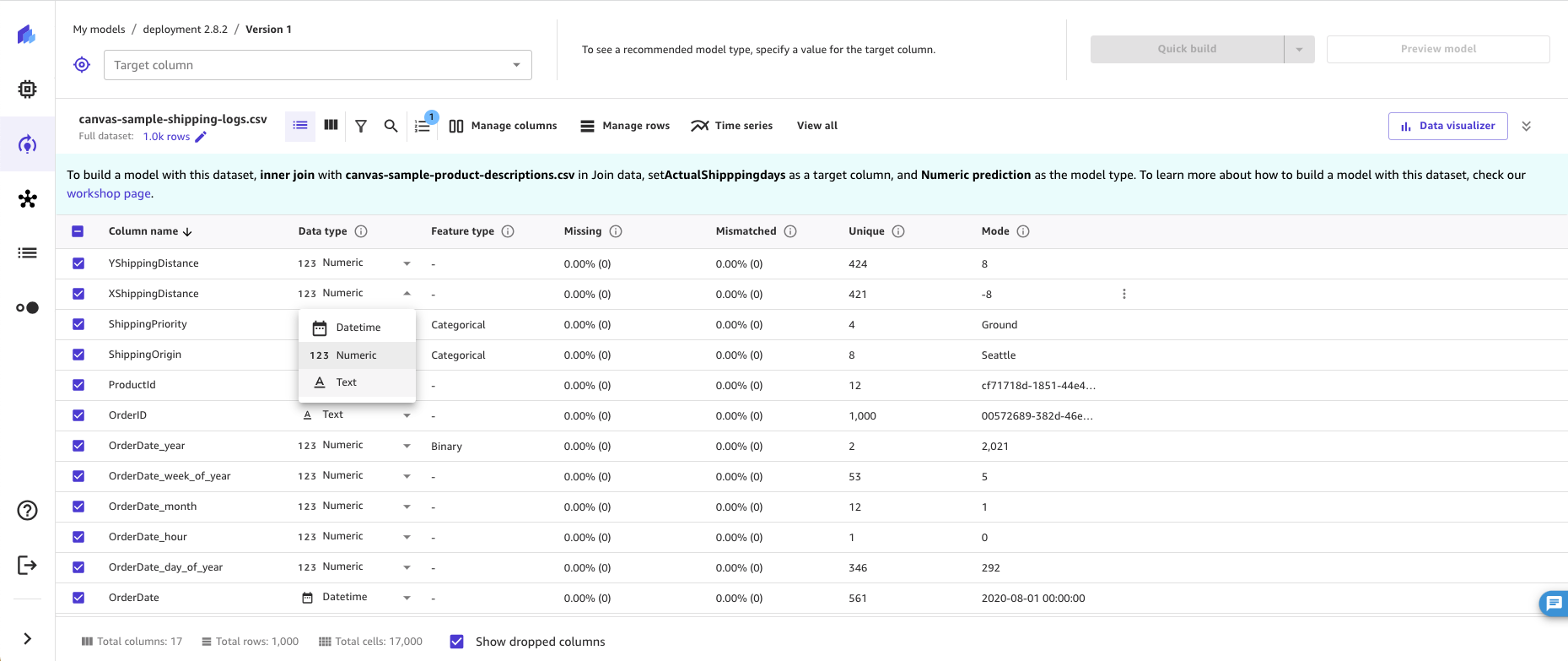 Menu tarik-turun konversi tipe data untuk kolom, ditampilkan di tab Build.