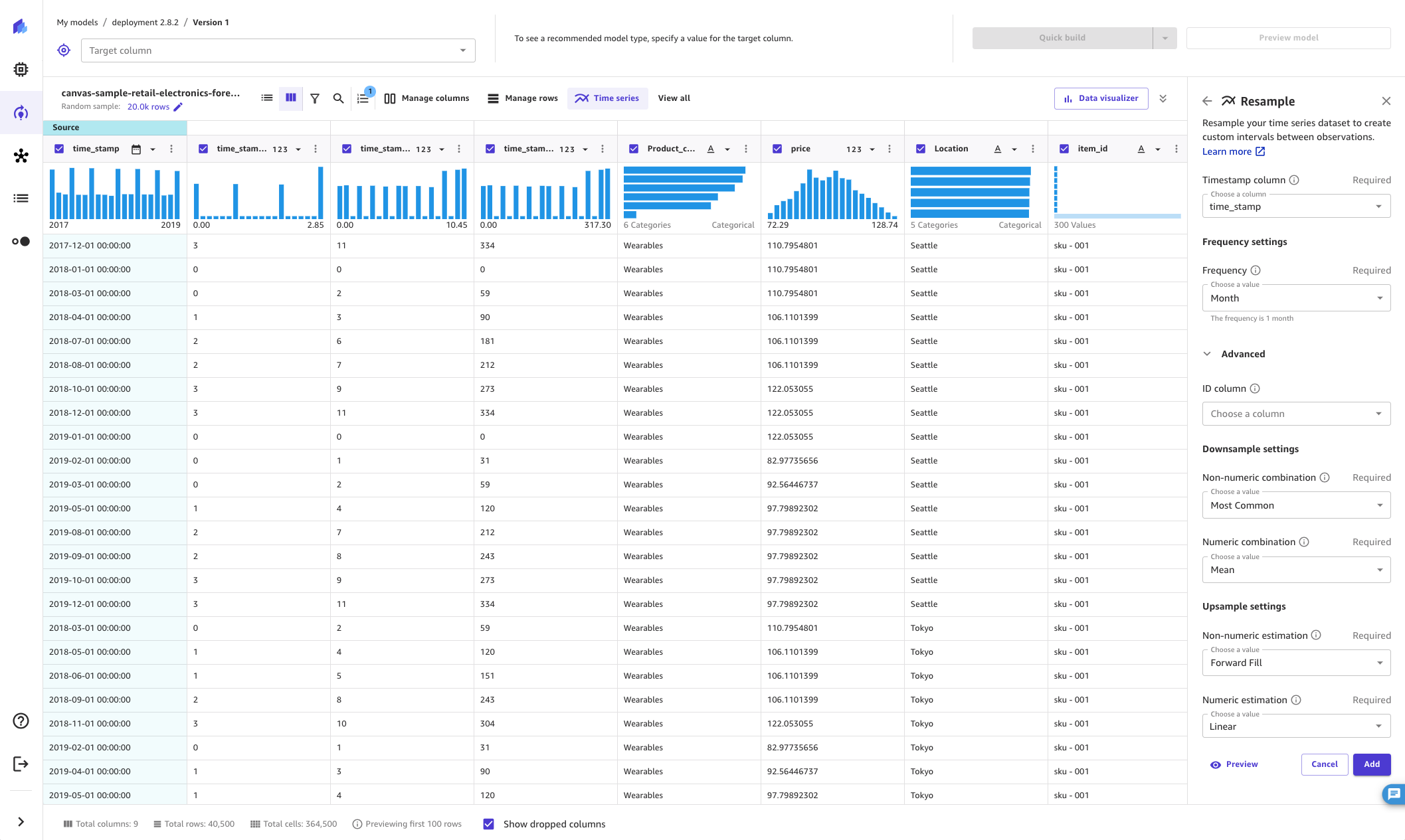 Aplikasi Canvas, dengan panel samping resampling deret waktu yang menunjukkan opsi lanjutan.