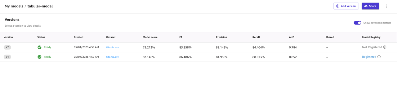 Halaman versi model untuk model di Canvas.