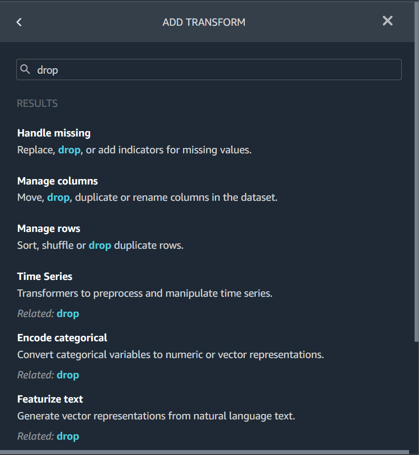 Kotak pencarian terletak di bagian atas ADD TRANSFORM.