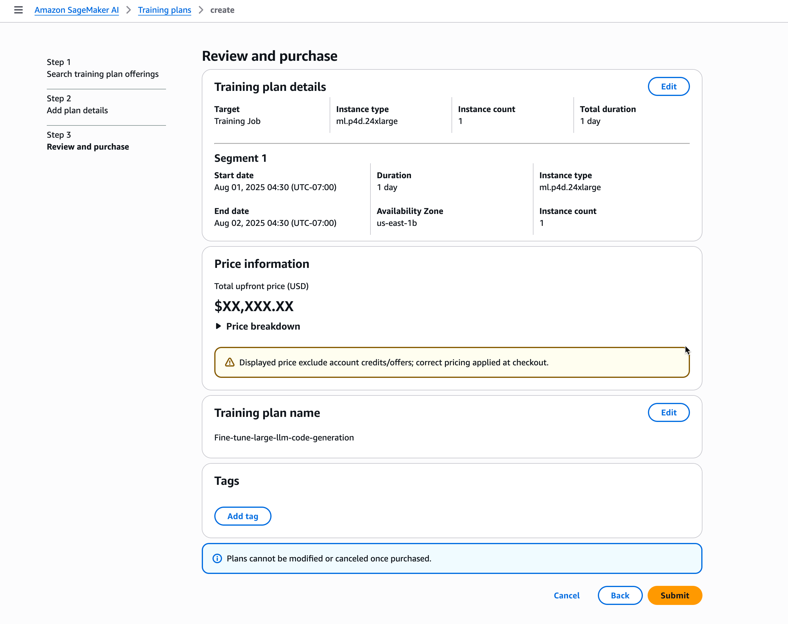 SageMaker Konsol AI yang menampilkan halaman “Tinjau dan beli” untuk rencana pelatihan. Halaman ini menampilkan detail rencana pelatihan, informasi segmen, harga, nama paket, dan tag. Opsi untuk mengedit, membatalkan, kembali, atau membuat paket tersedia.