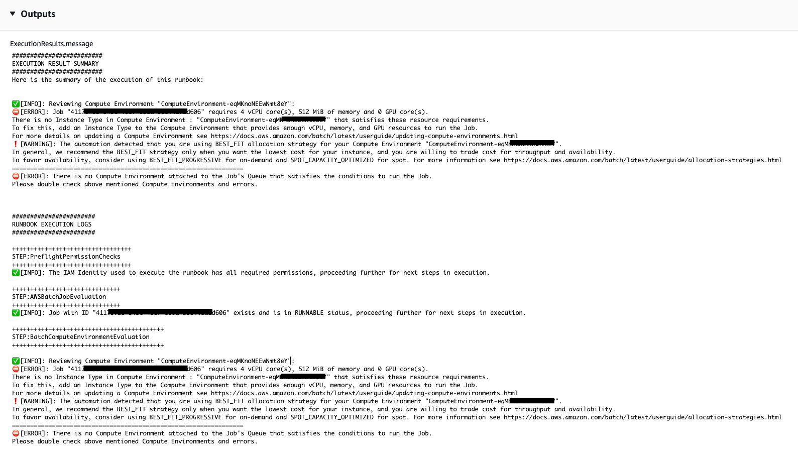 Execution result summary showing errors in compute environment setup and job queue.