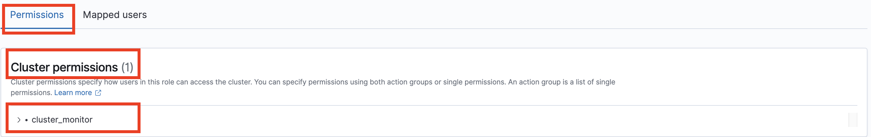 Klaster permissions section showing cluster_monitor permission granted.