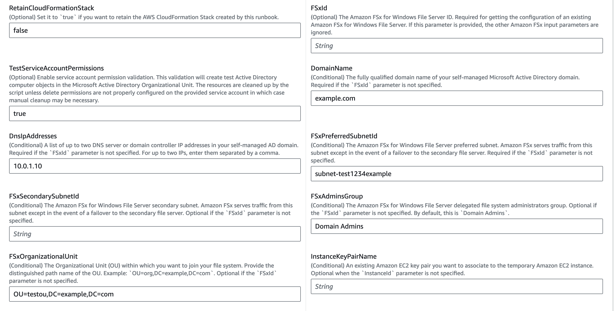 Form fields for configuring Amazon FSx for Windows File Server and related Layanan AWS.