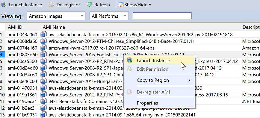 Context menu for an AMI showing options including Launch Instance and Edit Permission.