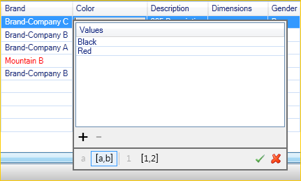 Spreadsheet interface showing Brand, Color, Deskripsi, Dimensions, and Gender columns with editable cells.