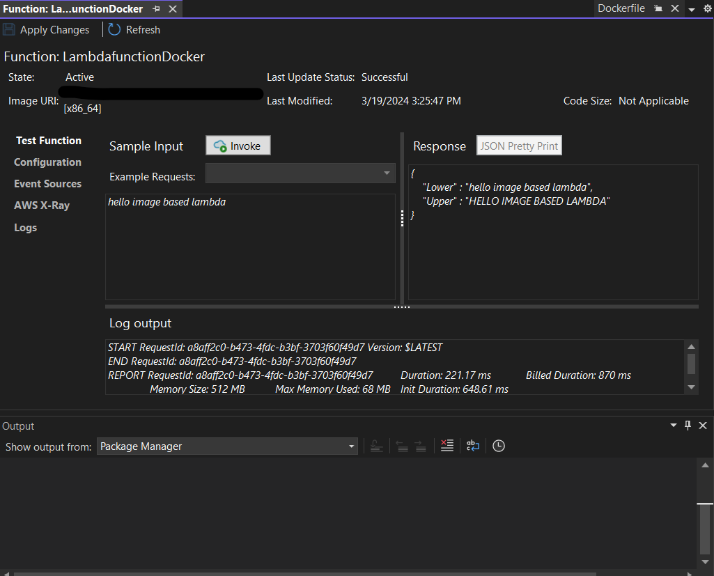 Tab Test Function dari halaman tampilan Fungsi yang diterbitkan memiliki tombol untuk memanggil metode Lambda secara manual.