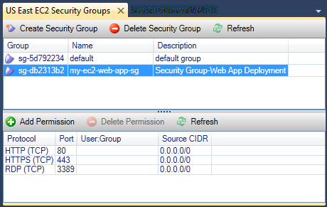 Security group settings showing HTTP, HTTPS, and RDP protocols with their respective ports and source CIDR.