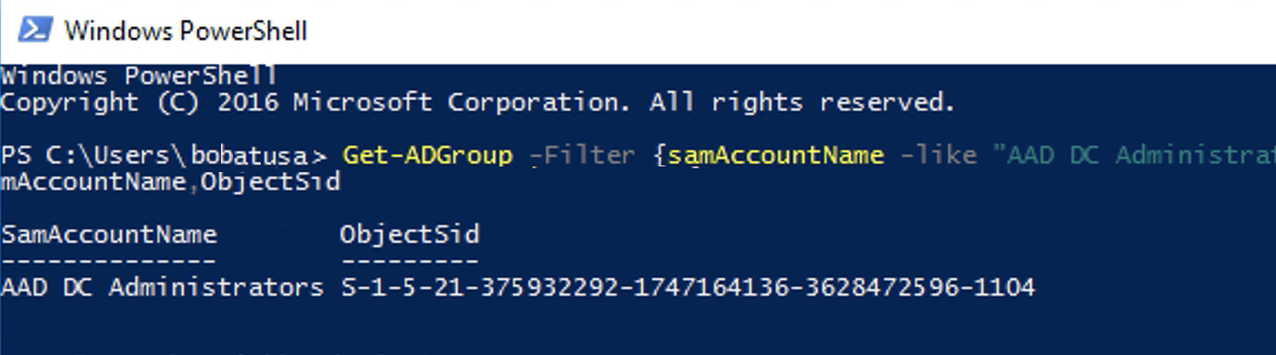 Windows PowerShell menunjukkan Object SID sedang diambil.