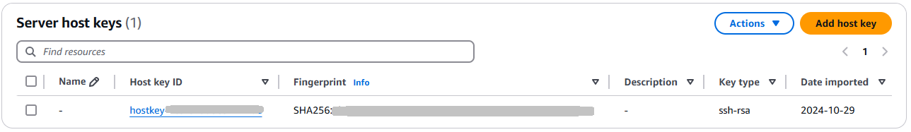 Halaman konsol detail server, menampilkan kunci host Server untuk server.