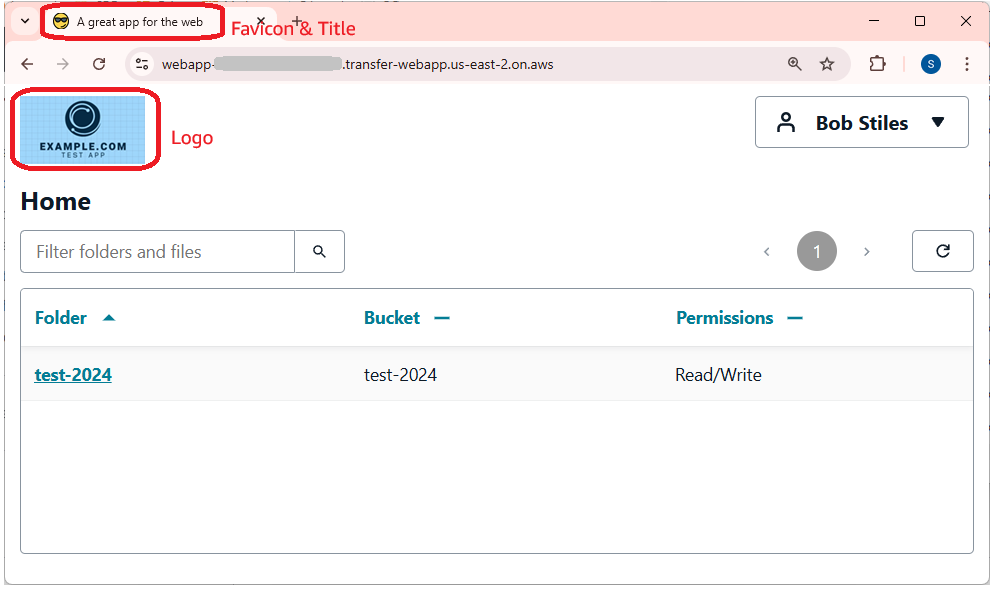 Contoh aplikasi web Transfer Family, dengan judul, favicon, dan logo yang disesuaikan.