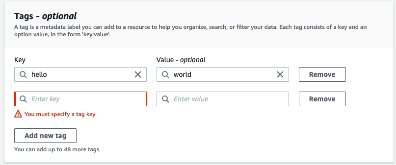 Screen shot menunjukkan bidang kosong untuk menambahkan tag baru.