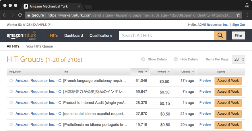 Amazon Mechanical Turk worker interface showing available HITs with details and options to preview or accept tasks.