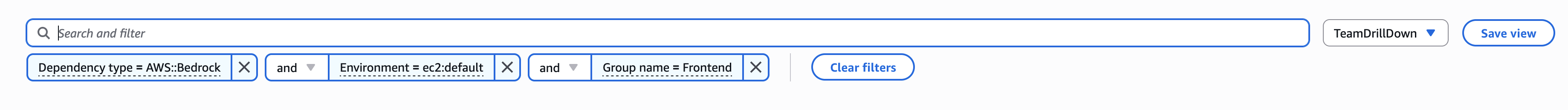 Search and filter services in application map