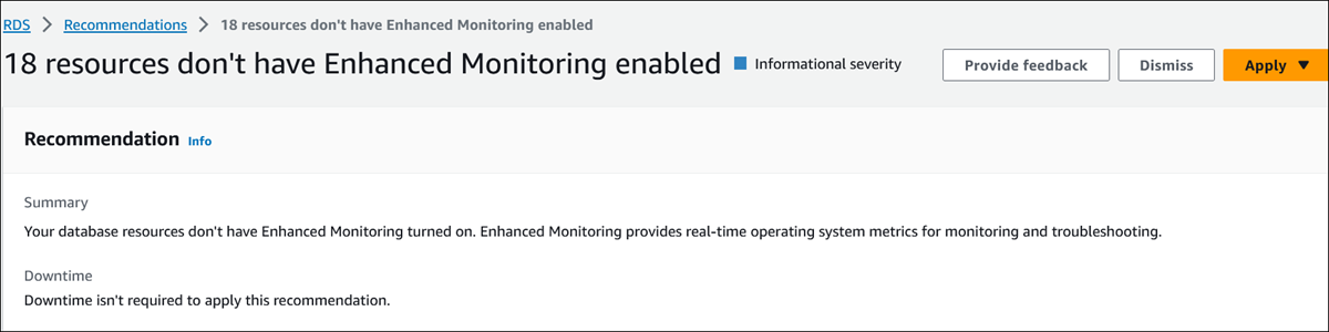 Recommendations details page showing Recommendation section in the console.