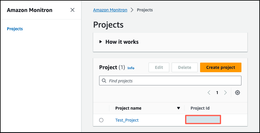 Projects page showing one project named Test_Project with options to edit, delete, or create a new project.