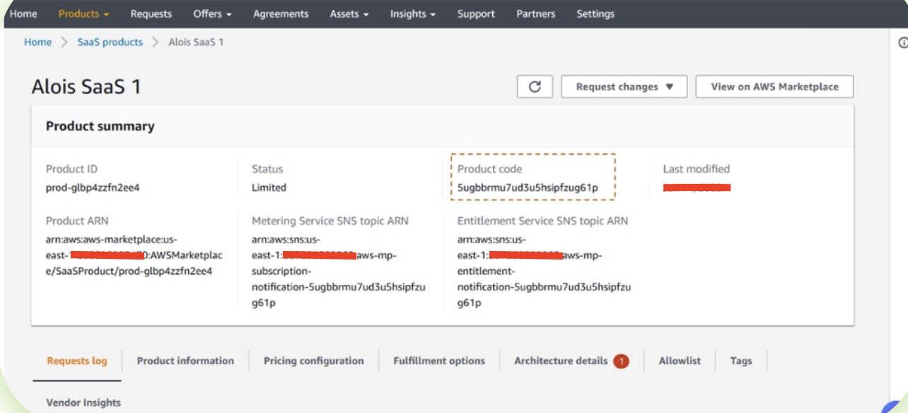 AWS Marketplace Management Portal showing product code location in the Product Summary section