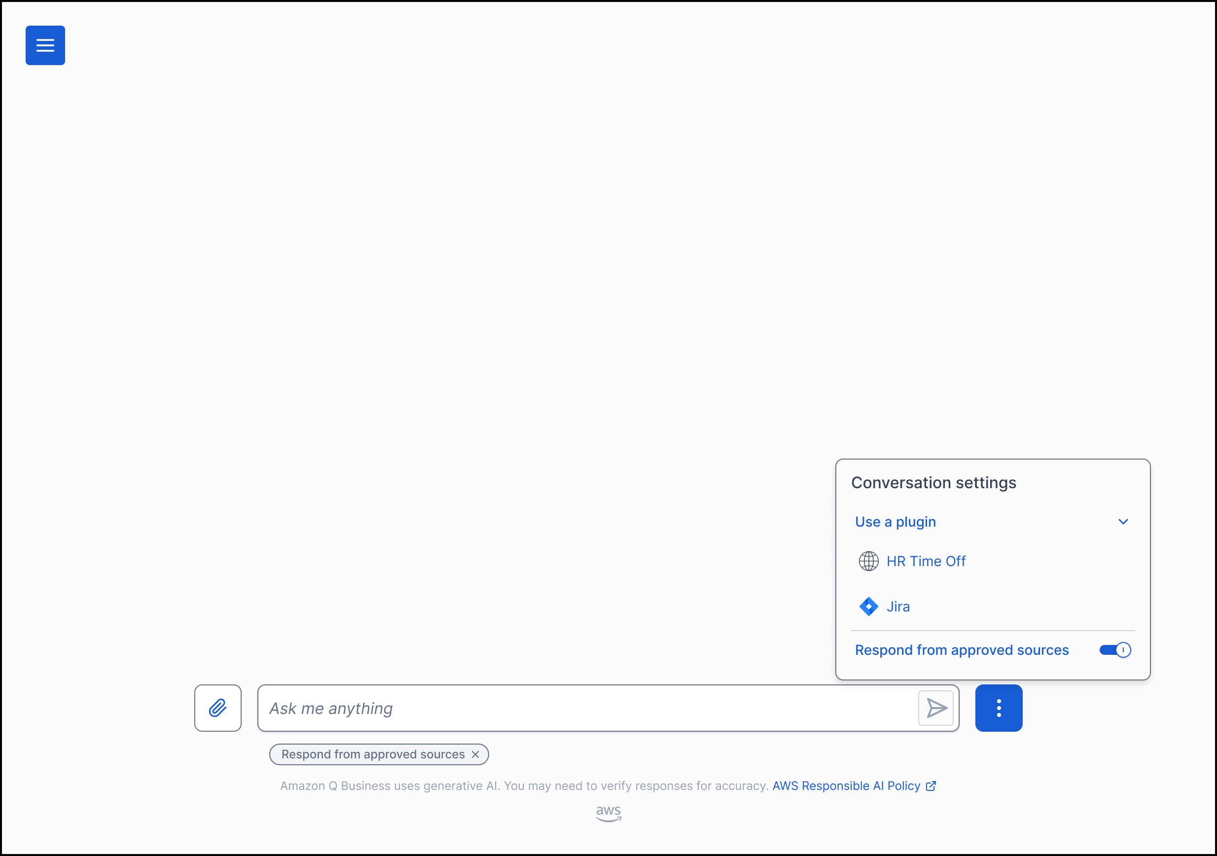 Screenshot showing the Amazon Q Business web experience menu with the custom plugin option highlighted, allowing users to select and activate the plugin.