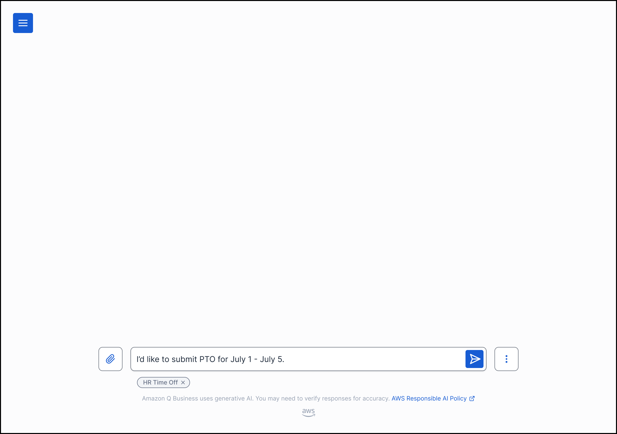 Screenshot showing a user typing a prompt in the Amazon Q Business chat interface to interact with the custom plugin, demonstrating how users can make requests to the plugin.