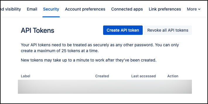 Screenshot of the Atlassian account settings page showing where to access API tokens.