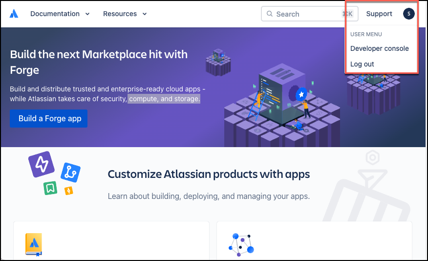 Screenshot of the Atlassian Developer Console showing the "Create" button and options for creating a new integration.