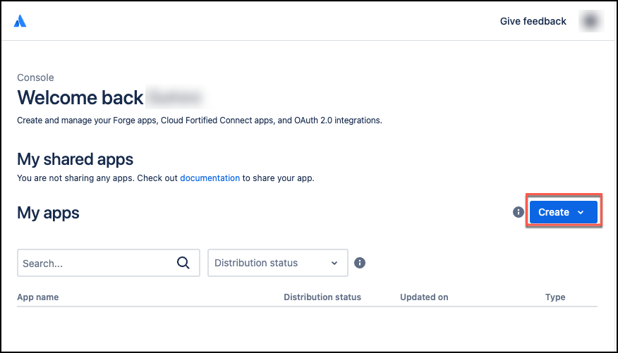 Screenshot of the Atlassian Developer Console welcome page showing the "Create" dropdown menu with the "OAuth 2.0 integration" option highlighted.