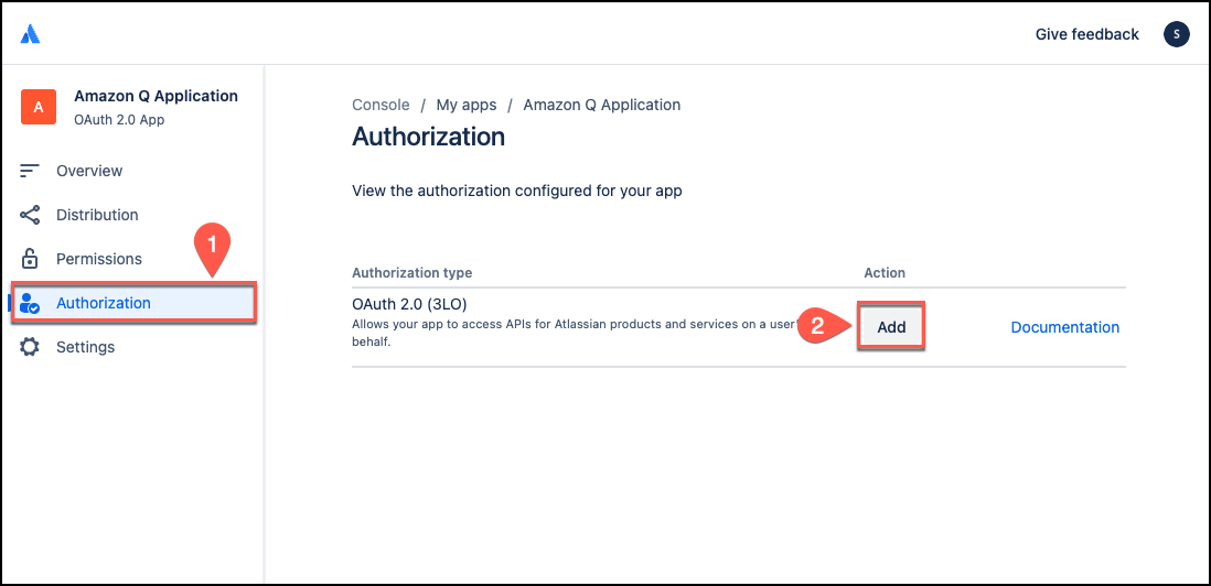 Screenshot of the OAuth 2.0 app's Authorization page showing the "Add callback URL" button that users need to click to configure the callback URL for the OAuth flow.