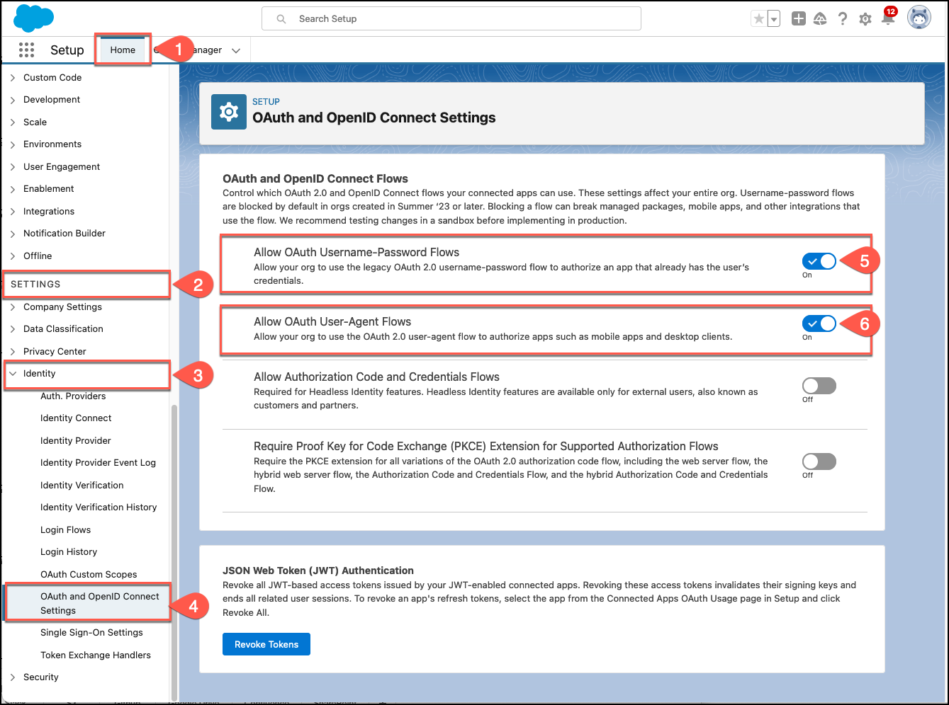 Screenshot of the Salesforce OAuth and OpenID Connect Settings page showing the OAuth settings configuration options for enabling the Username-Password flow for the connected app.