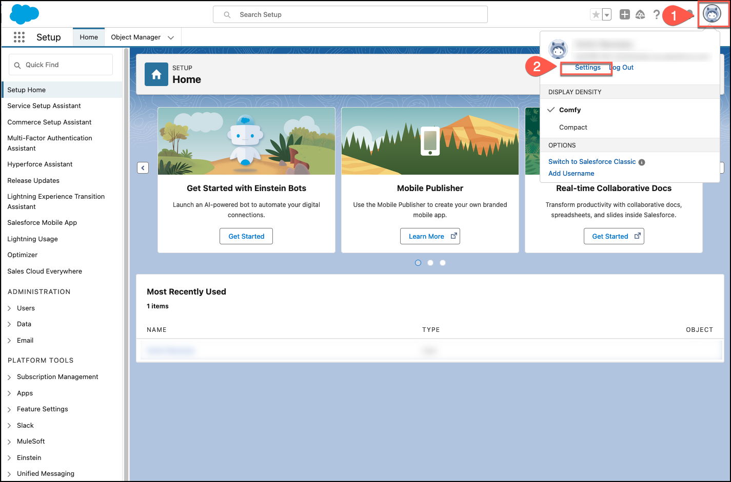 Screenshot of the Salesforce user menu showing the "Settings" option that users need to select to access personal settings for generating a security token.