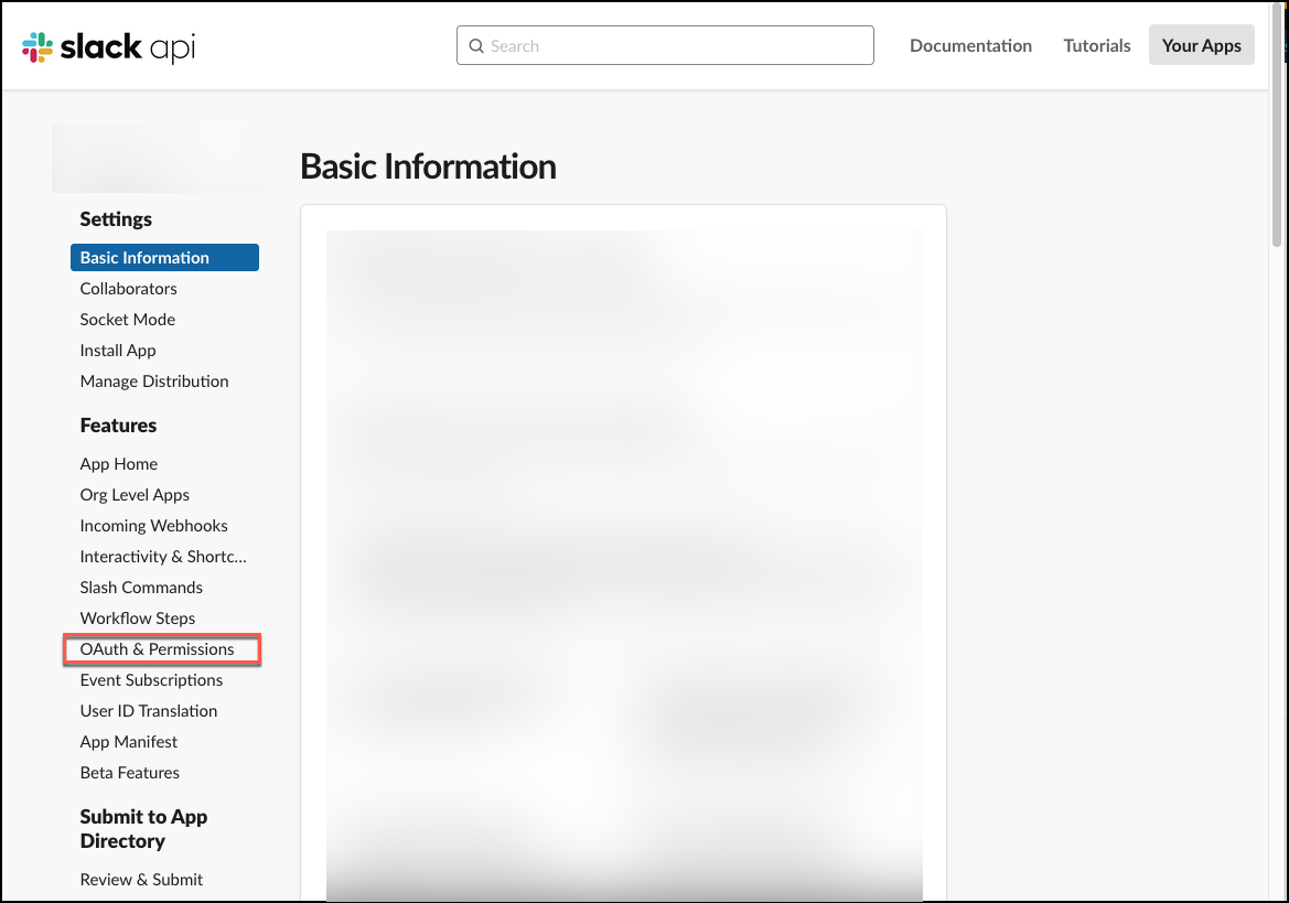 Screenshot of the Slack app's "Basic Information" page with the "OAuth & Permissions" option highlighted in the Settings menu.