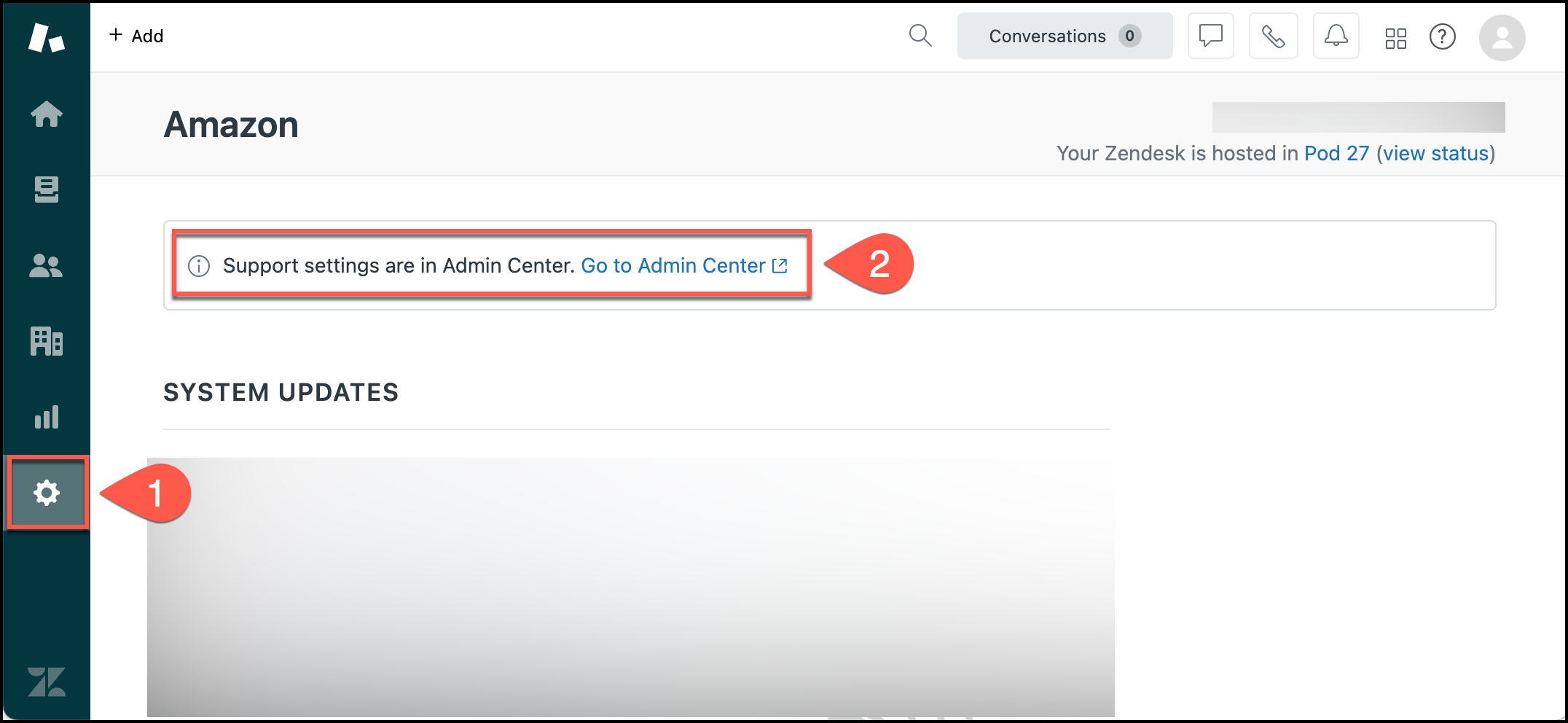 Screenshot of the Zendesk admin interface showing the profile menu where users can access the Admin Center.