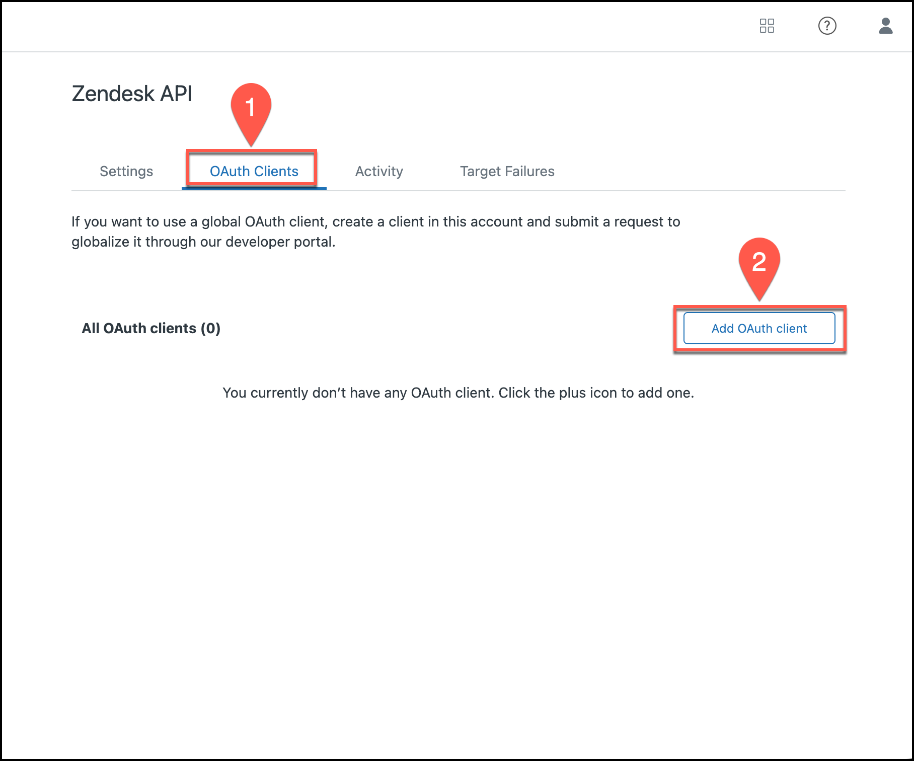 Screenshot of the Zendesk API menu showing the "OAuth Clients" option and the "Add OAuth client" button for creating a new OAuth client.
