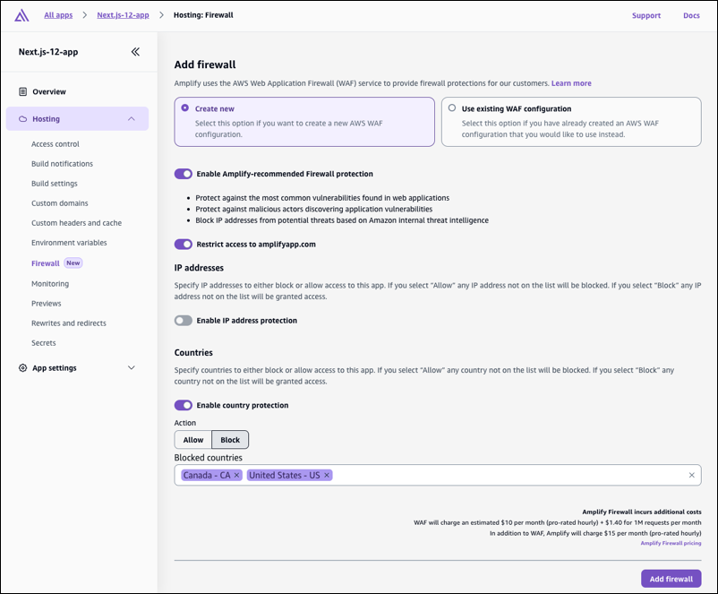 The Amplify console Add firewall page.