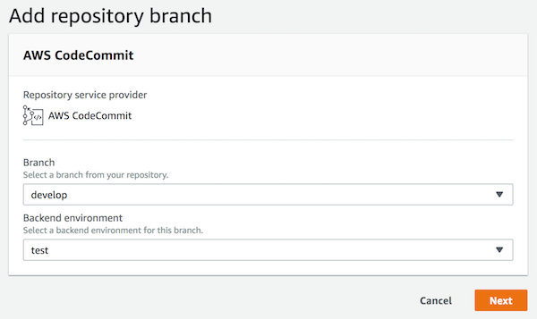 The Add repository branch page with a branch and backend environment selected.