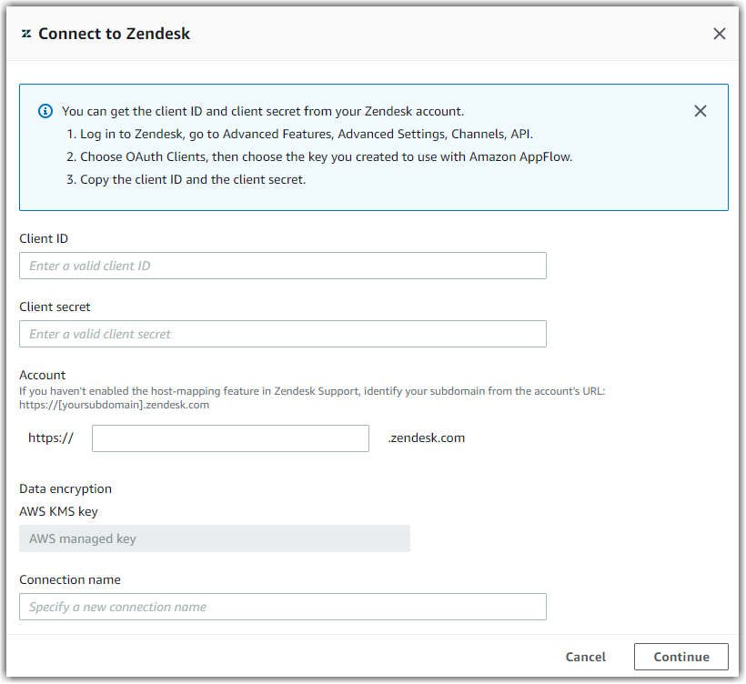 Zendesk connection form with fields for client ID, secret, account URL, and connection name.