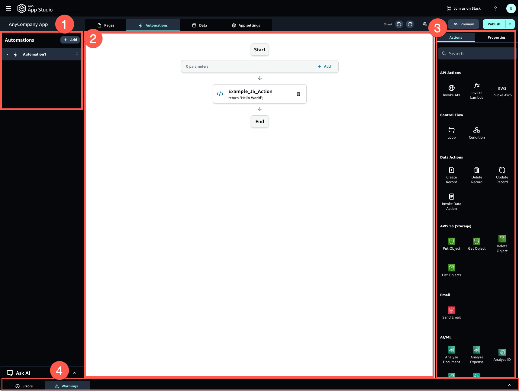 The Automations tab of the application studio, where you can create, configure, and manage automations and actions while editing an app.