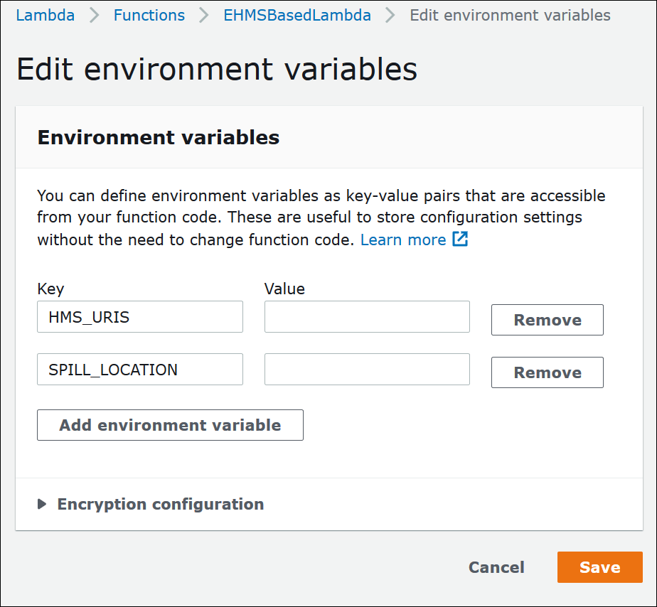 Specifying values for the Lambda function environment variables.