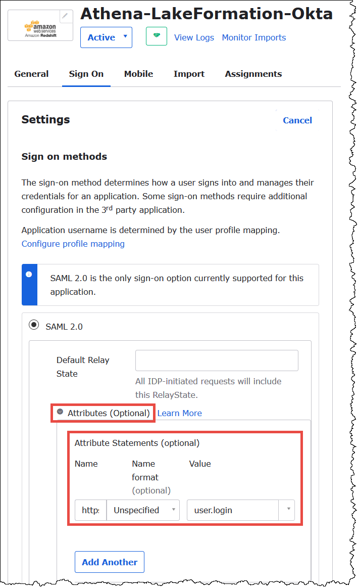 Adding a user Lake Formation URL attribute to the Okta application.