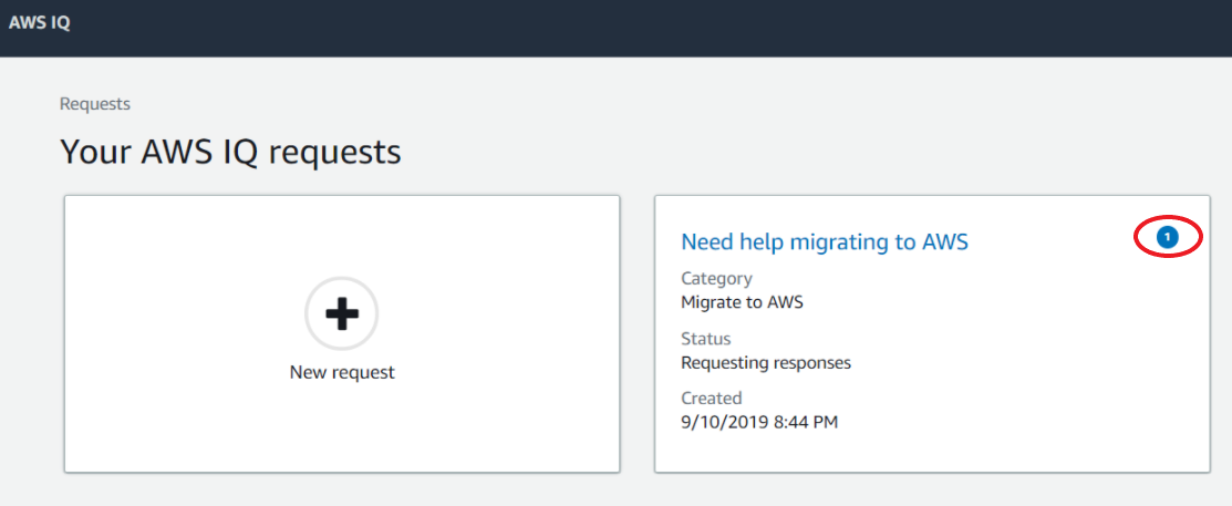 Request card with blue circle icon with white number showing one request response