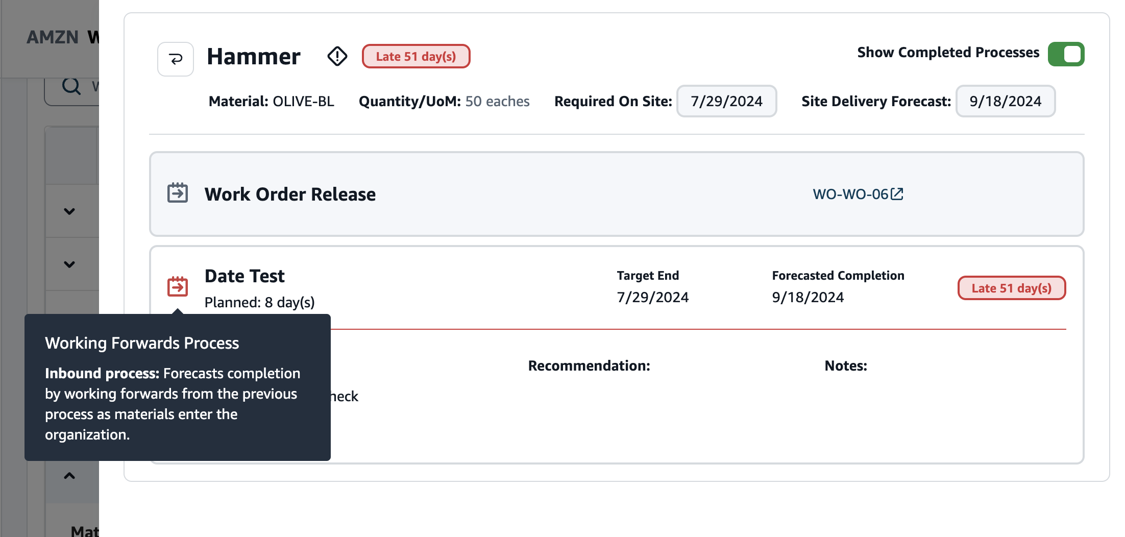 Order material summary - working forwards process