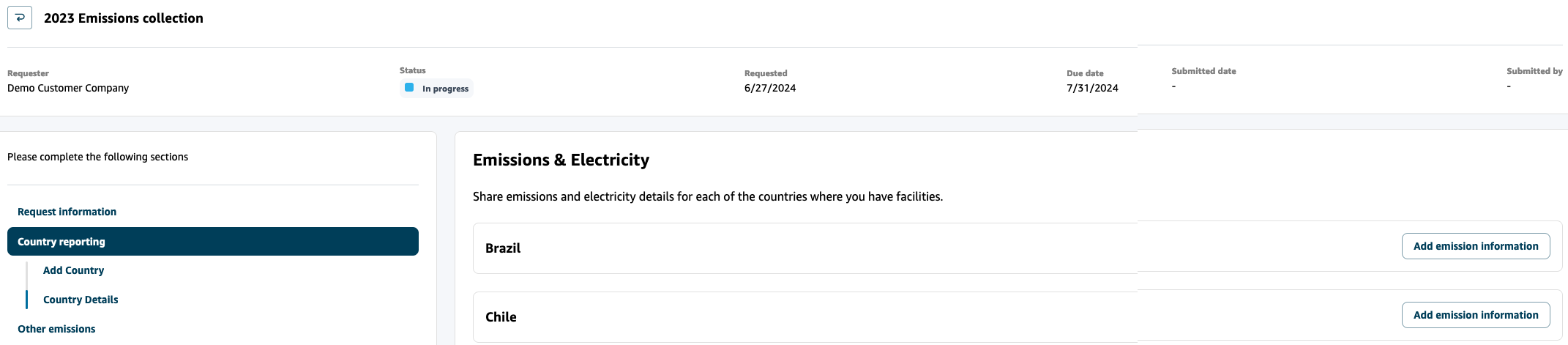 Partner response to emission data forms - Add emission information