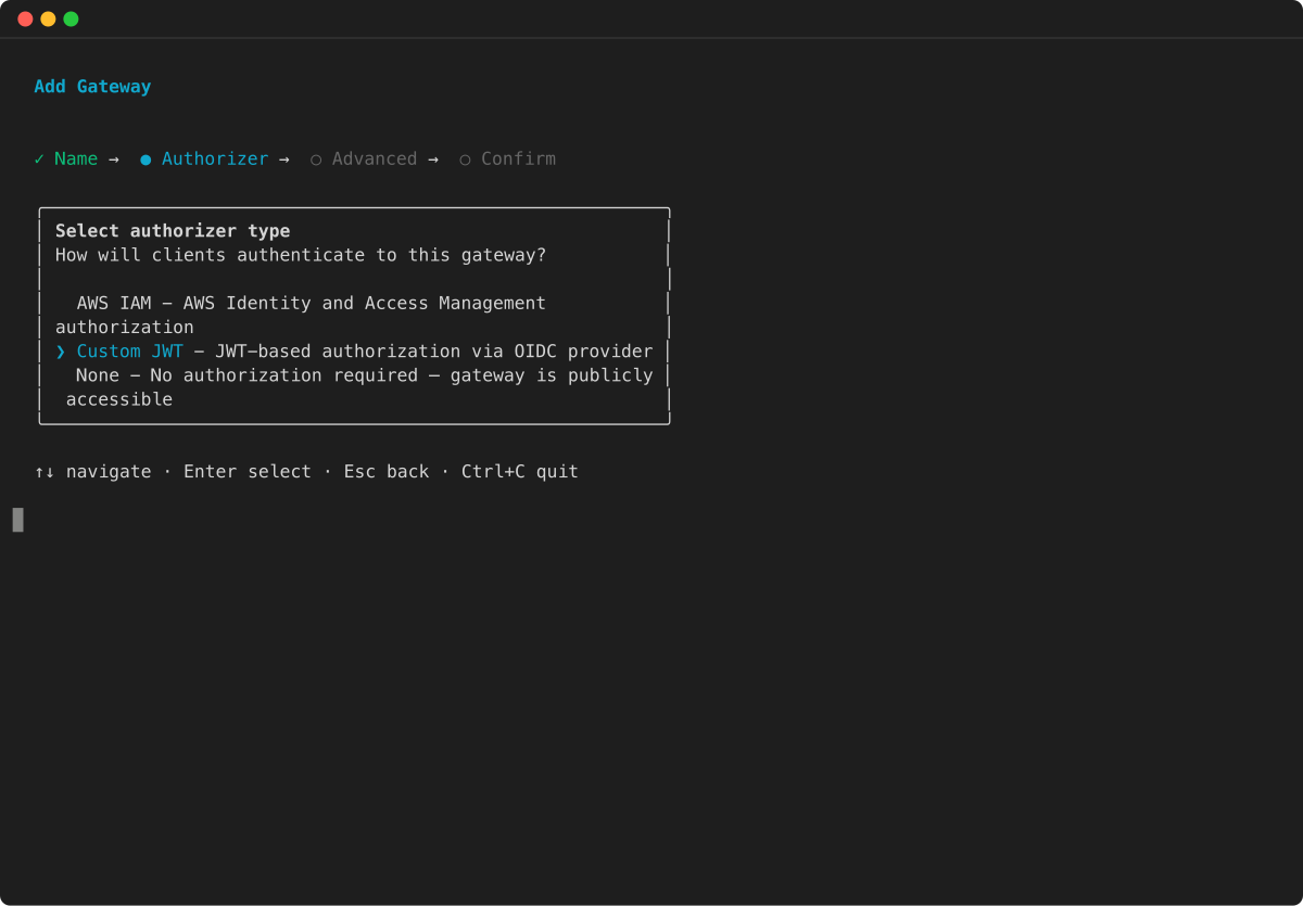 Gateway wizard: select Custom JWT authorizer
