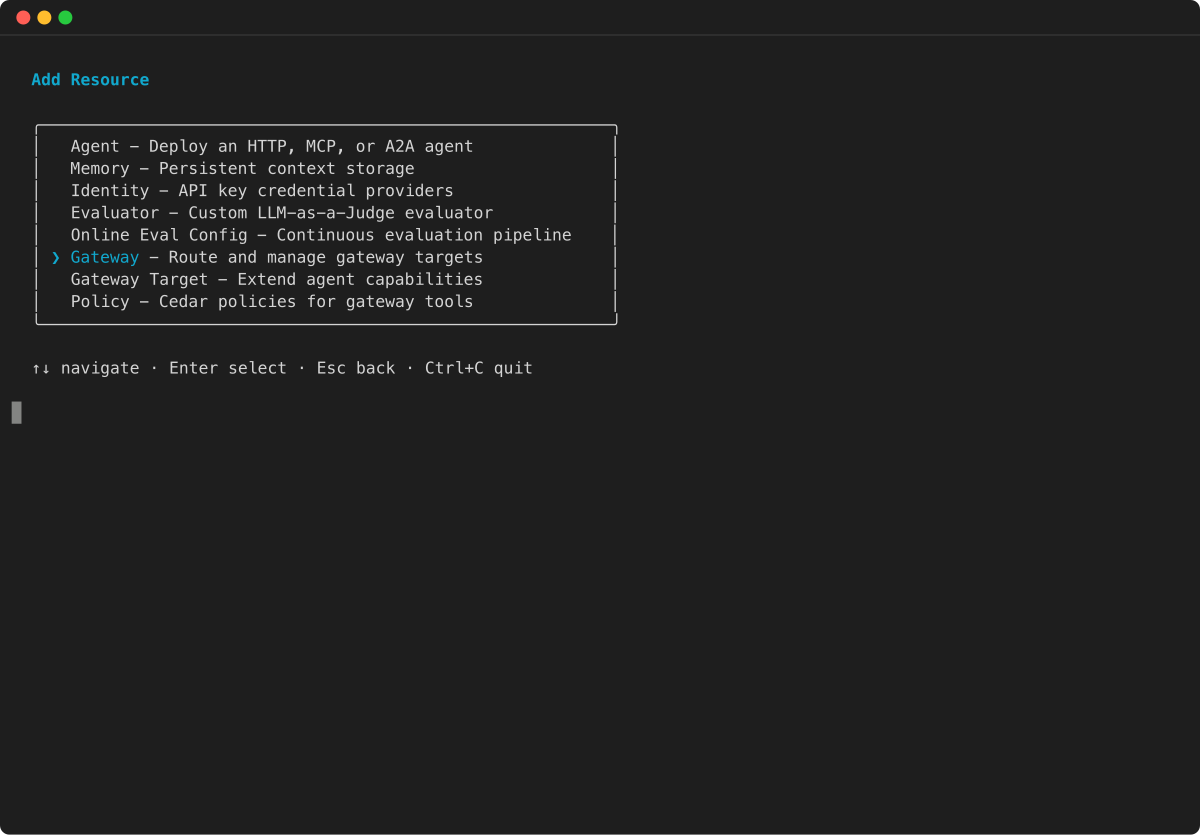 TUI Add Resource menu with Gateway Target option visible