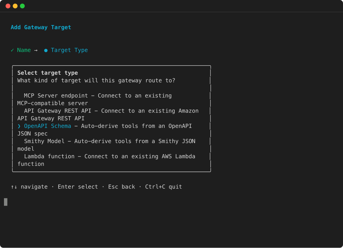 TUI target type selection showing OpenAPI Schema option
