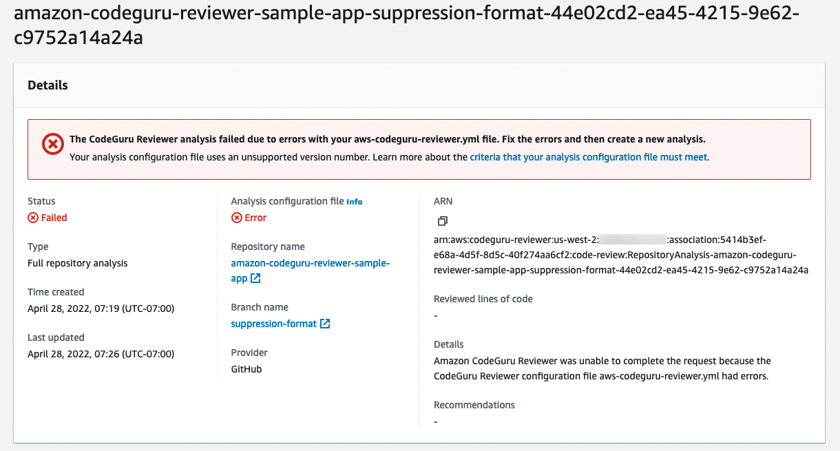 The Details section of a code review. List of errors in your YAML file appears in top banner.